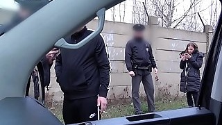 Hardcore action in driving van interrupted by real Police officers