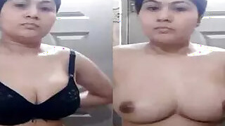 Beautiful wife tries on new bra on camera